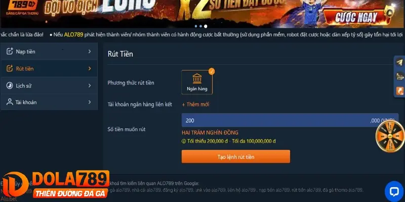 Rút tiền tài khoản Dola789 từ ngân hàng địa phương được nhiều anh em lựa chọn