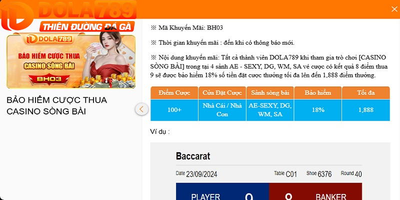 Chương trình Bảo hiểm cược thua Casino sòng bài của Dola789